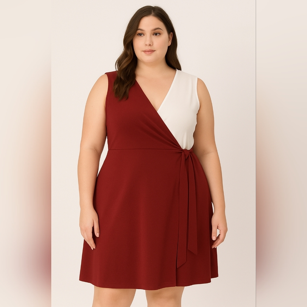 Kasper Dress Wrap Sleeveless Color Block  XXL Bright Burgundy White